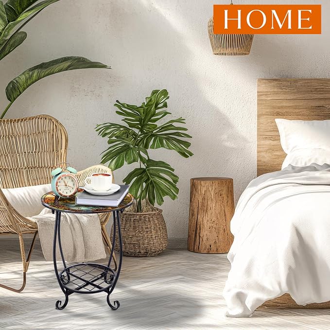 Cinnvoice Outdoor Side Table Round Small Mosaic Patio Accent Indoor End Plant - Image 6