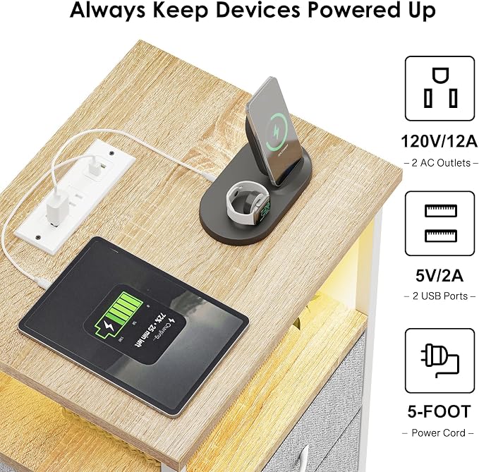 Fixwal Night Stand with Charging Station, LED Nightstand with U-S-B Ports and - Image 4