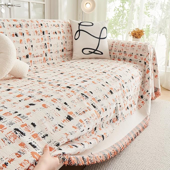 DREAMINGO Abstract Chenille Couch Cover Blanket Beige Orange Black Boho Sofa - Image 2
