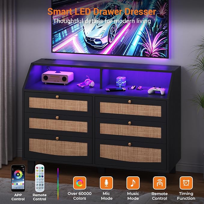 Rattan 6 Drawer Dresser with LED Lights & Power Outlet, Wide Rattan Dresser TV - Image 5