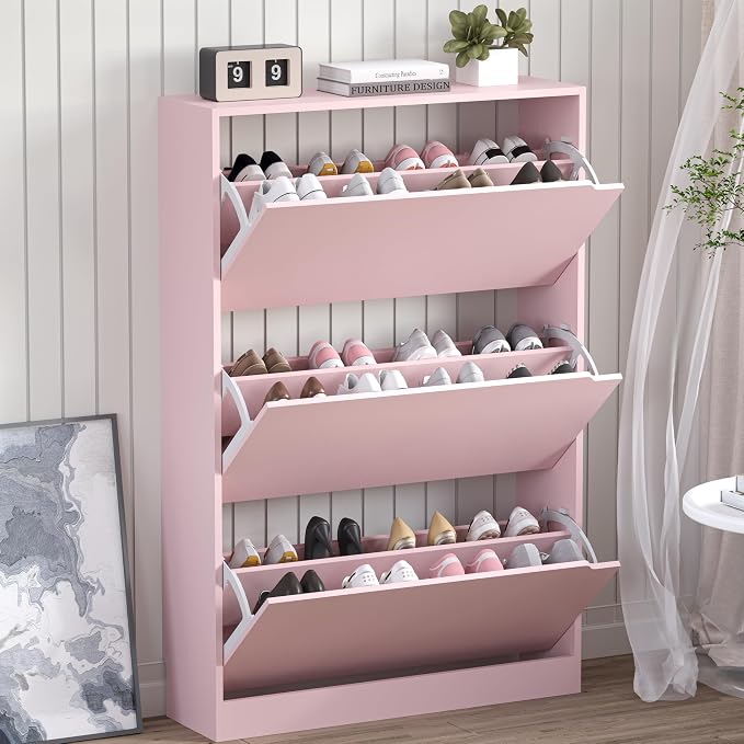 BORNOON Shoe Cabinet with 3 Flip Drawers, Hidden Wood Shoe Cabinet, by BORNOON