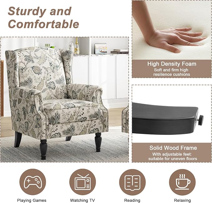 Floral Print Wingback Accent Chair, Retro Modern Farmhouse Armchair - Image 4