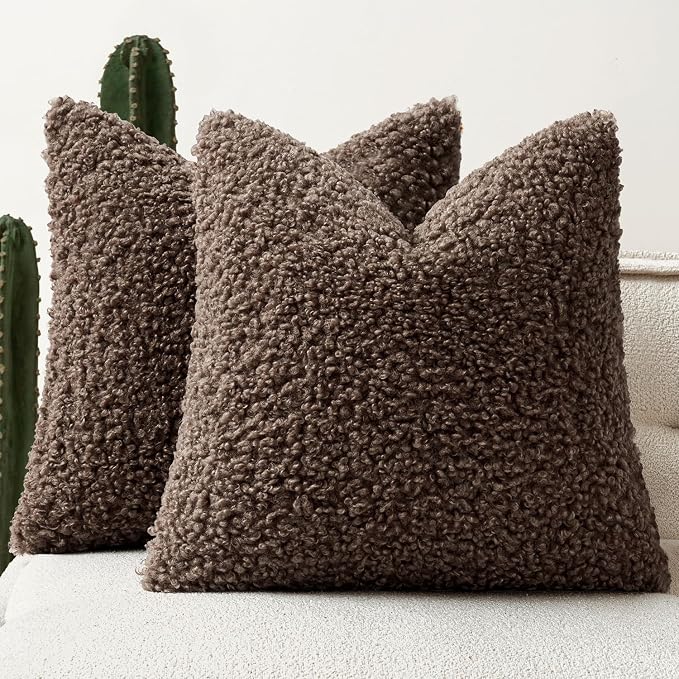 Faux Fur Throw Pillow Covers 18x18 Inch Set of 2 Boucle Neutral Decorative by Woaboy