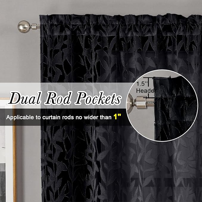 Lecloud Leia Black Sheer Curtains 108 Inches Long 2 Pcs, Elegant Jacquard Leaf - Image 6