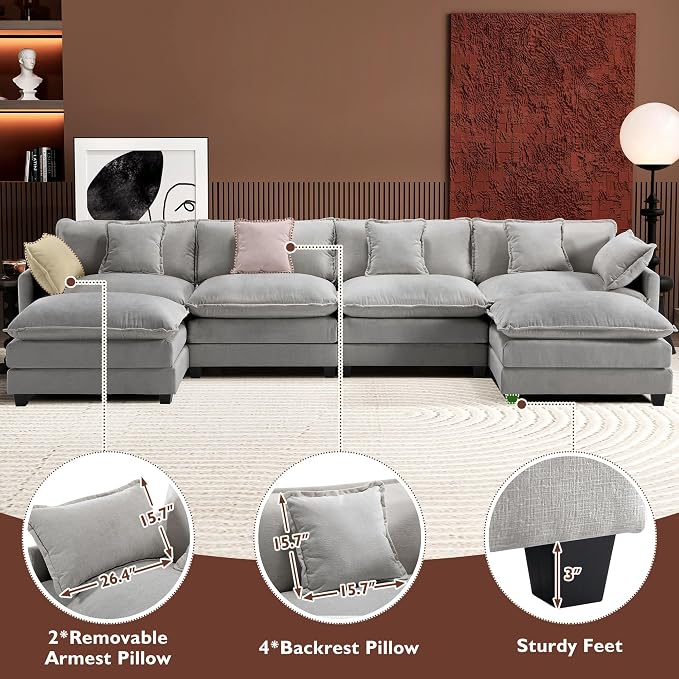 Ihanherry 146" U-Shaped Modern Sofa Modular Sectional Cloud Couch - Image 6