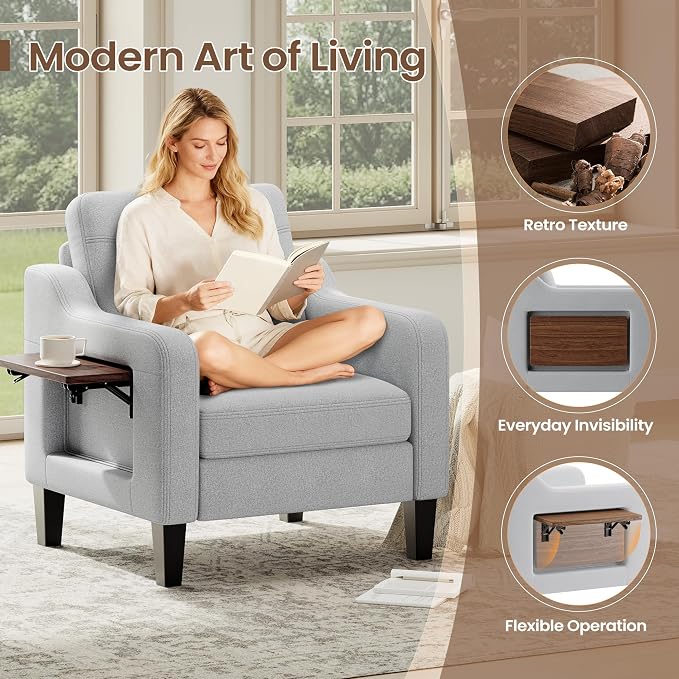 Accent Chair for Living Room Modern Linen Upholstered Armchair Side Wooden - Image 4