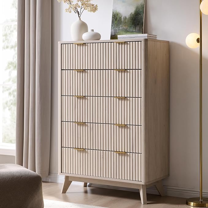 T4TREAM Fluted 5 Drawers Dresser, Curved Profile Design, Wood Drawer Organizer by T4TREAMFurniture