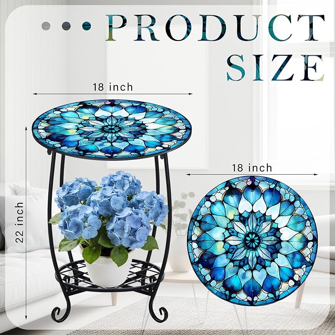 Cinnvoice Outdoor Side Table Round Small Mosaic Patio Accent Indoor End Plant - Image 3