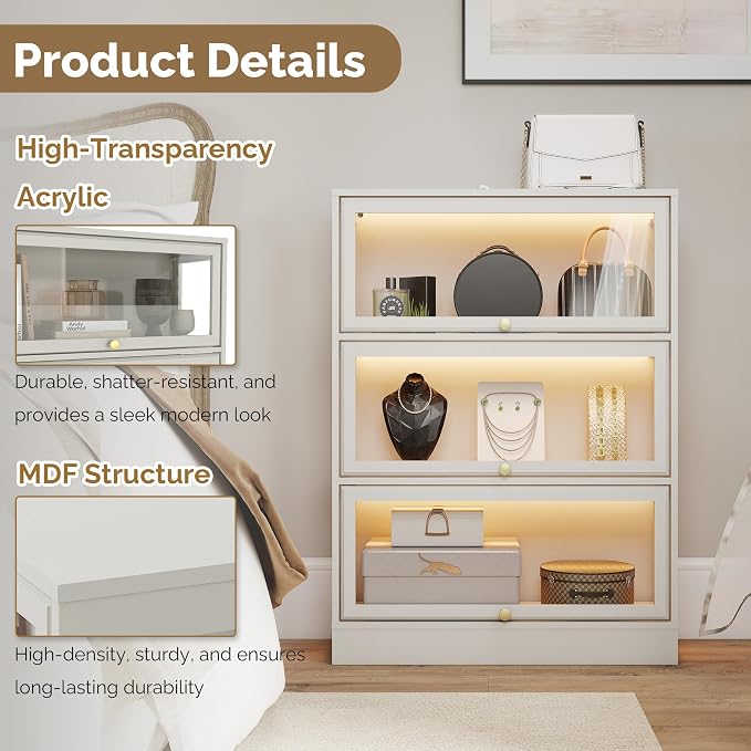 Display Cabinet with Acrylic Glass Doors, 3-Tiers Curio Cabinet with LED - Image 7