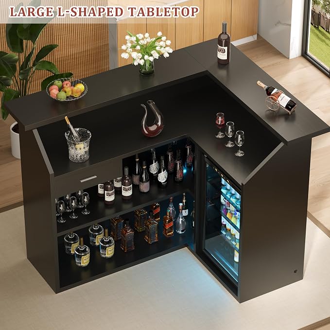 L-Shaped Home Bar Unit with Power Outlet, 4-Tier Corner Liquor Bar Cabinet with - Image 4