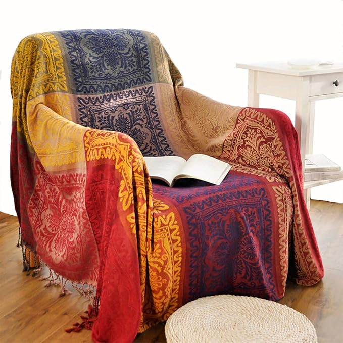 Boho Throw Blanket, Chenille Jacquard Tassels Throw Blankets by Unknown