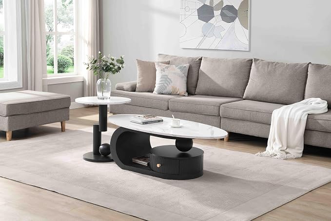 Modern Oval Coffee Table Set of 2, Faux Marble Coffee Table and Round End Table - Image 4