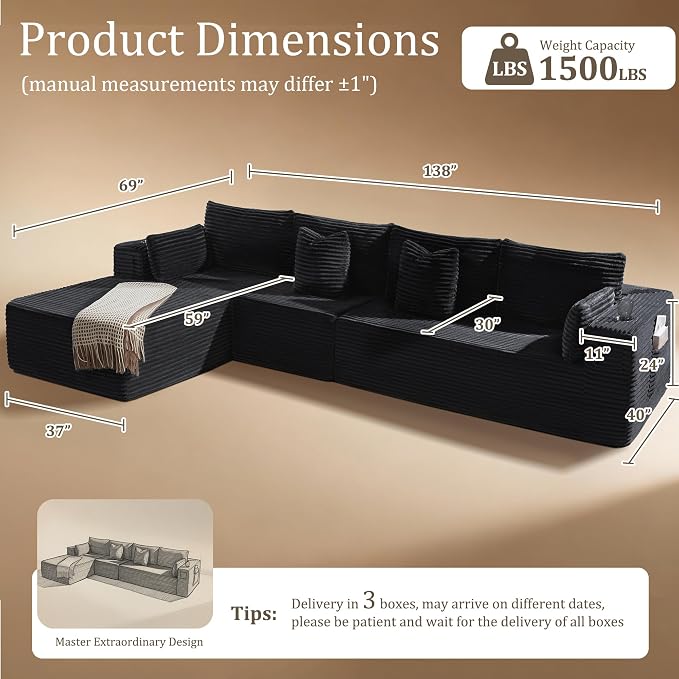 138" Cloud Sectional Couch, Comfort L Shaped Boneless Couch - Image 2