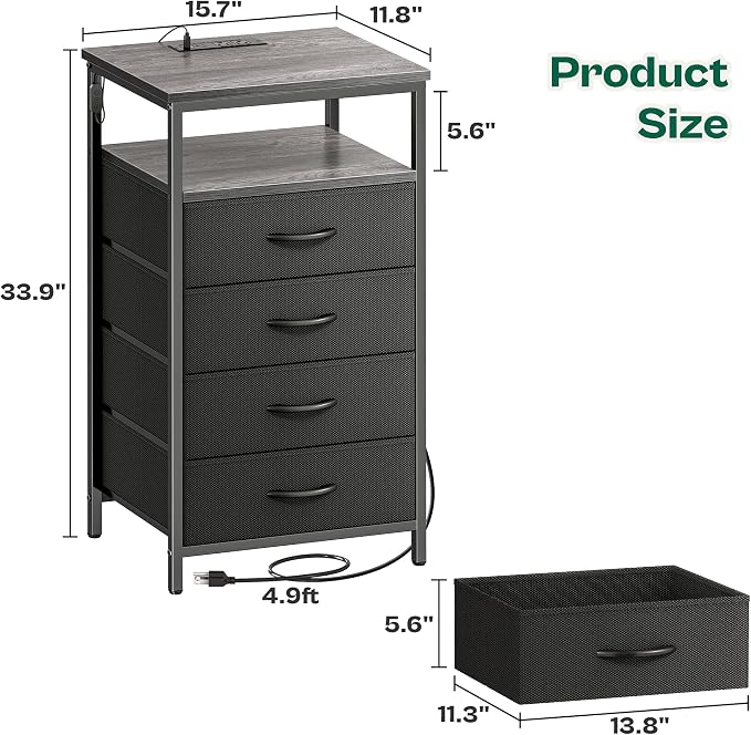Huuger Night Stand with Charger Station and LED Lights, 4 Drawer Nightstand - Image 3