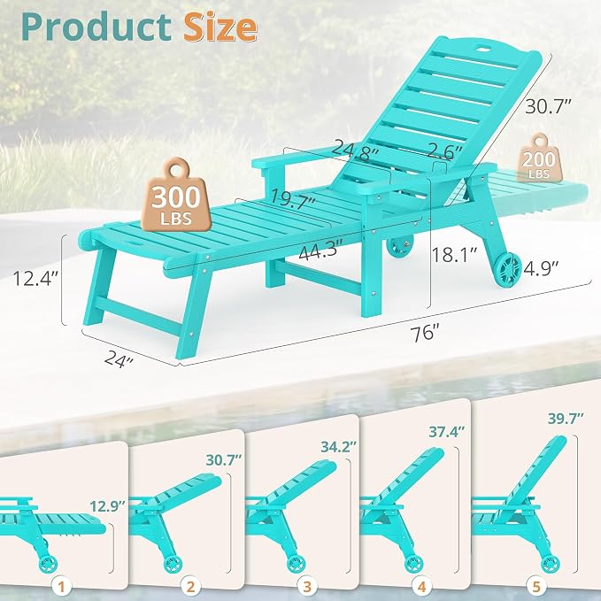 LUE BONA Lounge Chair Outdoor Set of 2, HDPS Chaise Lounge Outdoor - Image 7