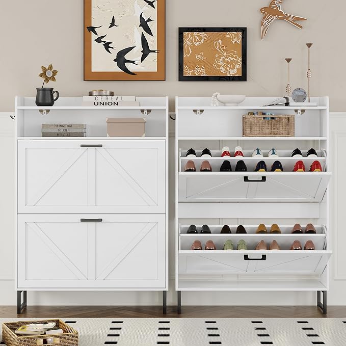 BORNOON Shoe Cabinet with 2 Flip Drawers Narrow Shoe Storage Cabinet Organizer - Image 5