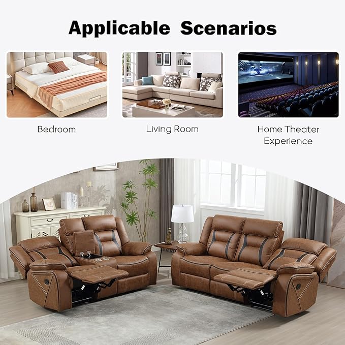 EBELLO Manual Recliner Sofa Set, Faux Leather Reclining Living Room Furniture - Image 5