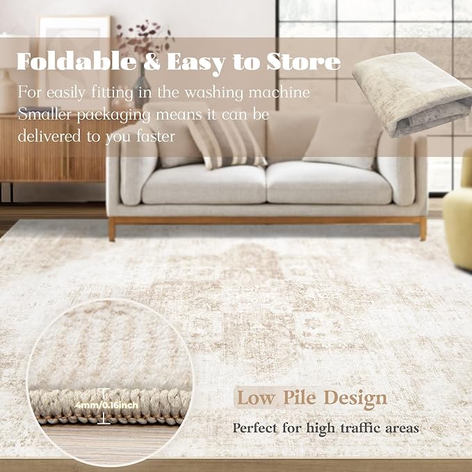 Area Rug 6x9 Washable Rug, Vintage Boho Medallion Rugs Non-Slip Soft Low Pile - Image 7