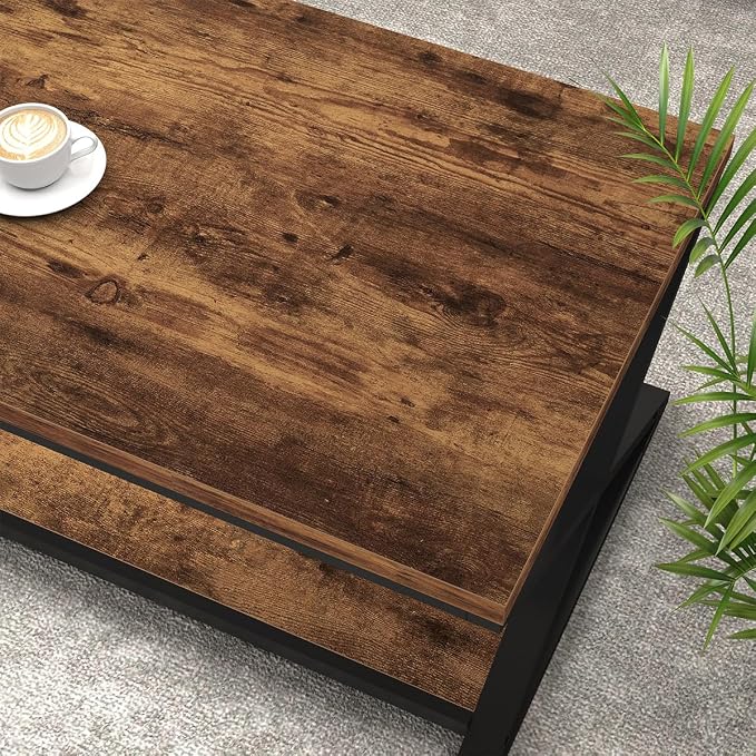 HSH Rustic Coffee Table with Storage Shelf, Industrial Metal Wood Living Room - Image 5