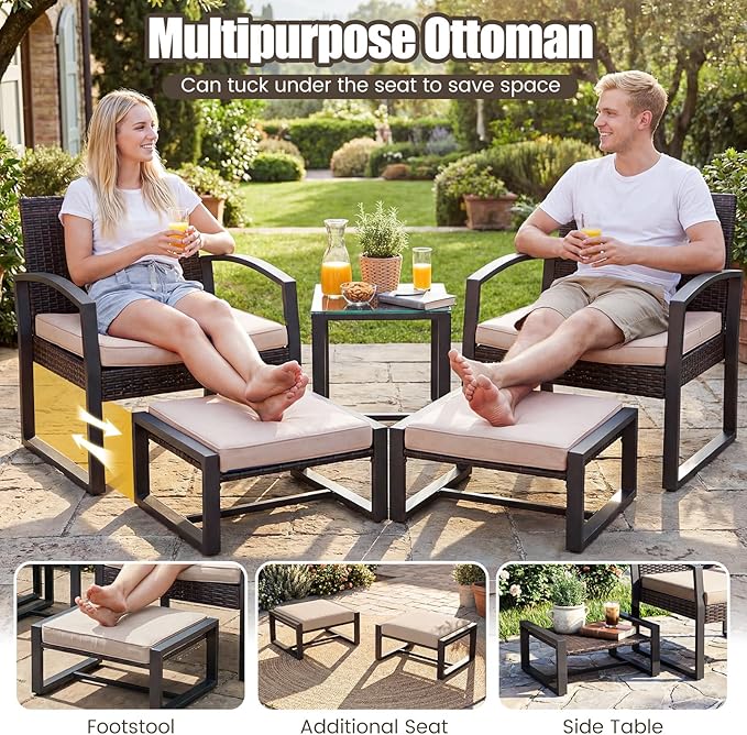 Tangkula 5 Pieces Wicker Patio Conversation Set, Outdoor PE Rattan Chair - Image 5