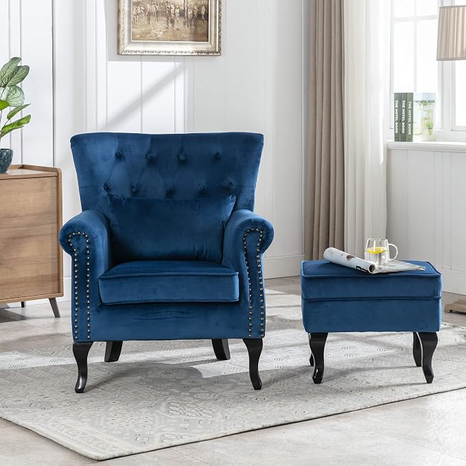 Accent Chairs with Ottoman Set of 2 Velvet Wingback Club Chair Upholstered - Image 2