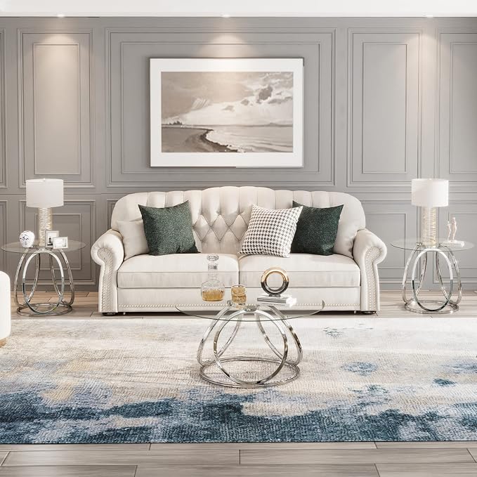 O&K FURNITURE Silver Coffee Table, Modern Glass Coffee Table Living Room Table - Image 10