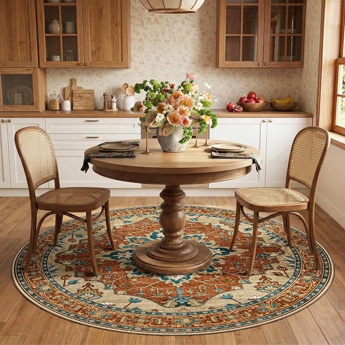 RELEANY Area Rugs Round 6ft Washable Non-Slip, Floral Vintage Distress Print - Image 3