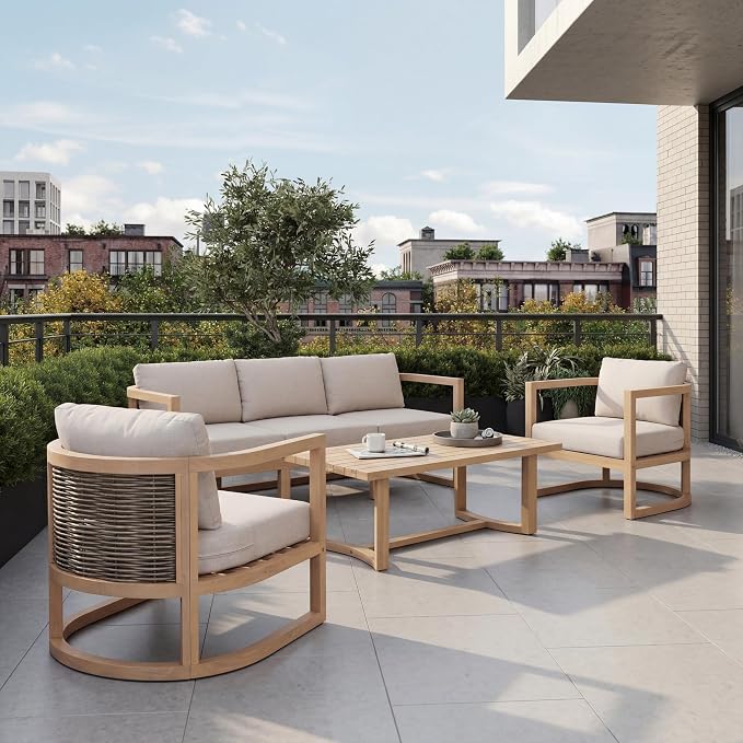 Merax 4 Piece Rattan Woven Paito Conversation Set, All-Weather Acacia Wood 3 by Merax