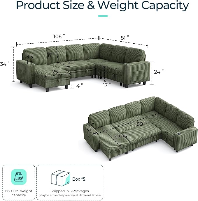 LINSY HOME Sectional Sofa with Pull Out Bed, 6 Seats Corduroy Reversible - Image 2