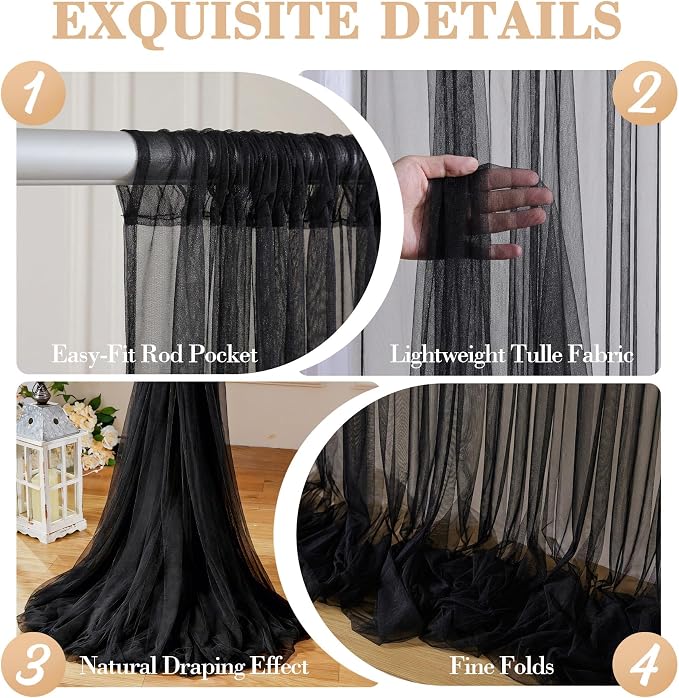 10ft x 12ft Black Tulle Backdrop Curtain - Image 6