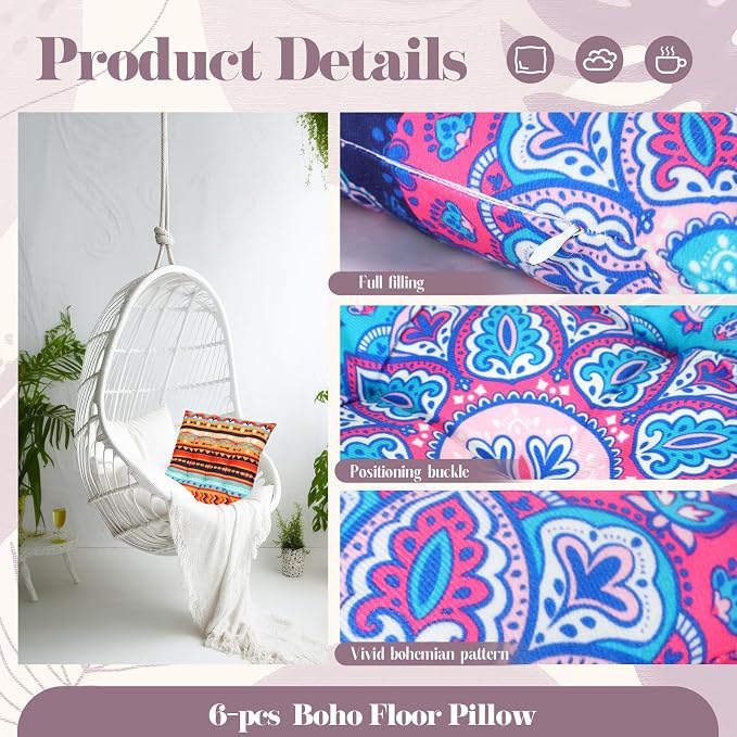 Menkxi 6 Pcs Bohemian Floor Pillows Seating 15 Inch Boho Floor Cushions Sitting - Image 3
