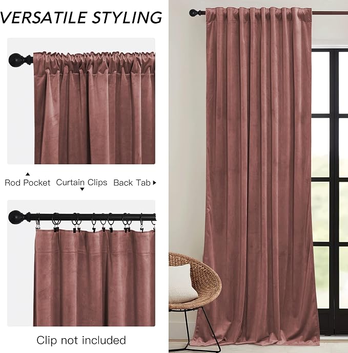 RYB HOME Dusty Pink Velvet Curtains 96 inch, Darkening Window Curtains - Image 3