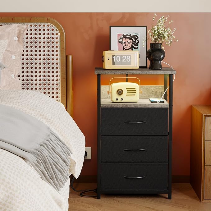 Fixwal Night Stand with Charging Station, LED Nightstand with Fabric Drawers - Image 8