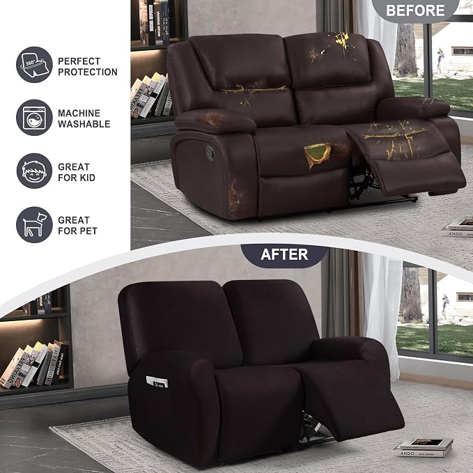 ANARACHON Leather Look Loveseat Recliner Cover, 6-Pieces Stretch Dual Recliner - Image 6