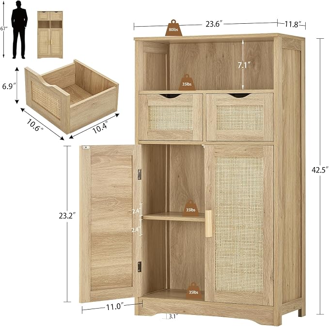 Iwell Storage Cabinet with 2 Drawers & Adjustable Shelves, Rattan Cabinet - Image 3