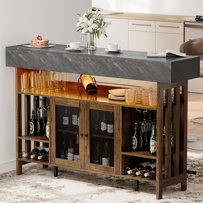 4-Tier Home Bar Unit, 63-Inch Wooden & Dark Gray Marble Bar Cabinet, LED Liquor - Image 5