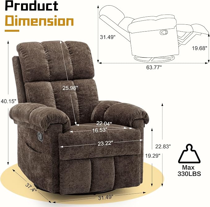 Korser Recliner Chair, Swivel Rocker Recliner Chair - Image 2