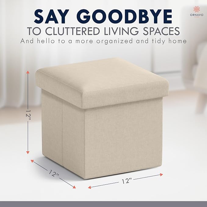 Ornavo Home Small Storage Ottoman Foldable Collapsible Cube Square Linen - Image 2