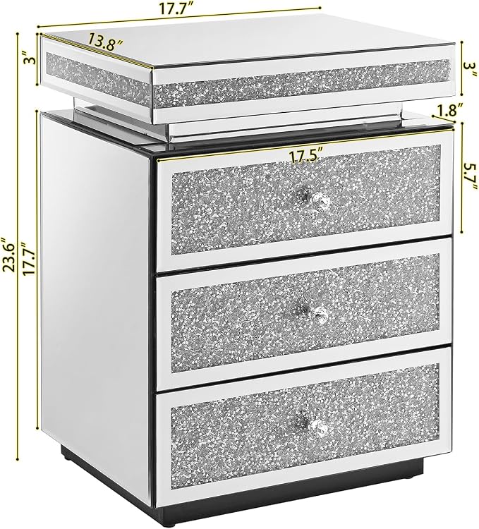 Modern Glam Glass Mirror Nightstand, 3-Drawer Luxury Mirrored Accent Table - Image 2