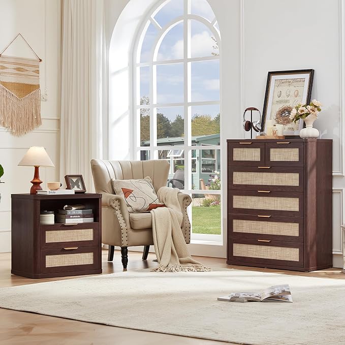 LEYAOYAO Rattan Dresser for Bedroom Set of 2, Modern 6 Drawers Boho Dressers - Image 9