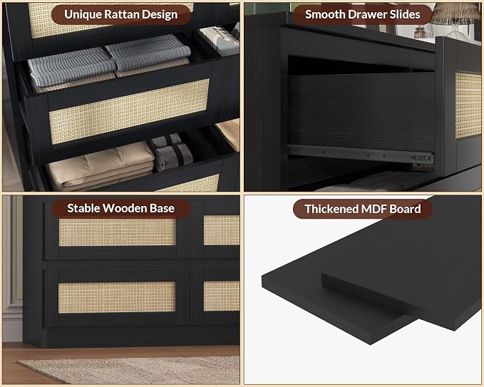 47 Inch Rattan 8 Drawer Dresser, Modern Farmhouse Chest of Drawers, Tv Stand - Image 5