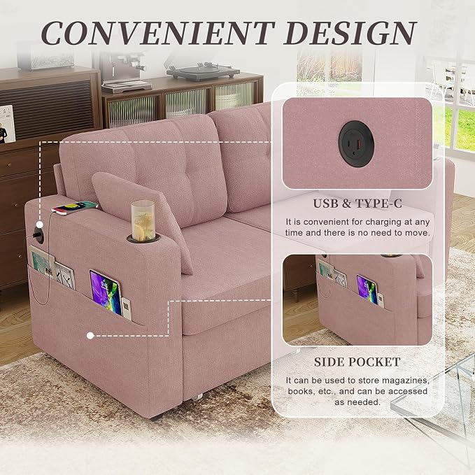 67" Small Loveseat Couch with Storage, USB Charging and Cup Holder, Space - Image 5
