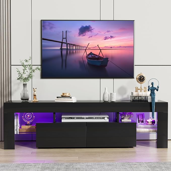 JUMMICO TV Stand, Modern Lighting TV Cabinet Entertainment Center Media and - Image 2