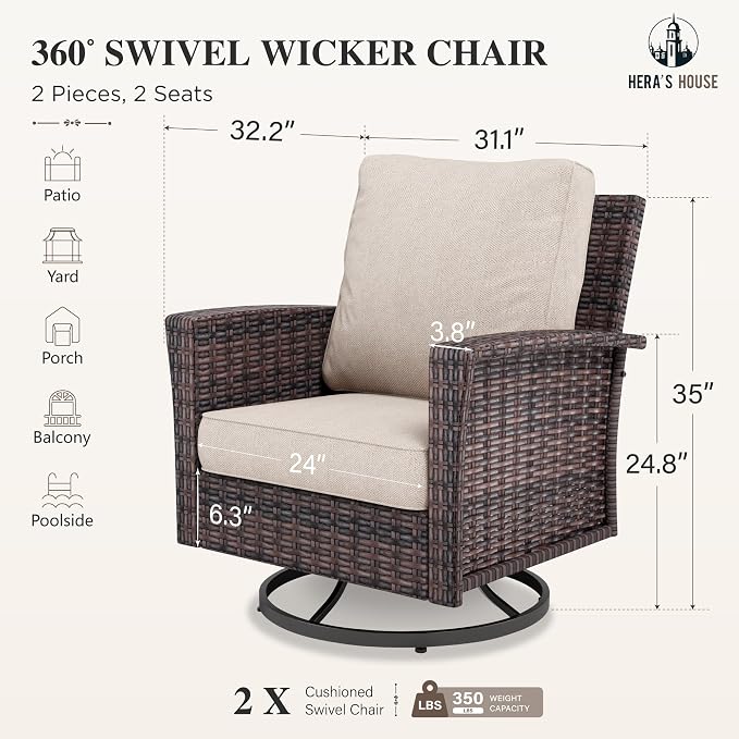 HERA'S HOUSE Outdoor Furniture, 2 x High Back Swivel Patio Chairs - Image 5
