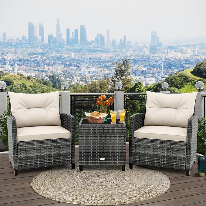 HAPPYGRILL 3 Pieces Patio Conversation Set PE Rattan Outdoor Furniture Sofa Set - Image 2