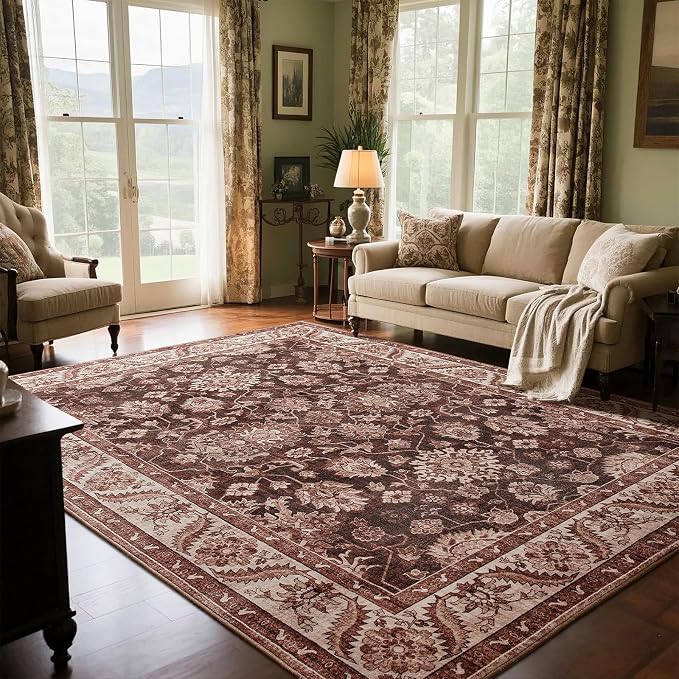 Area Rug for Living Room, 8x10 Area Rugs Washable, Retro Floral Non-Slip Carpet by Rtizon