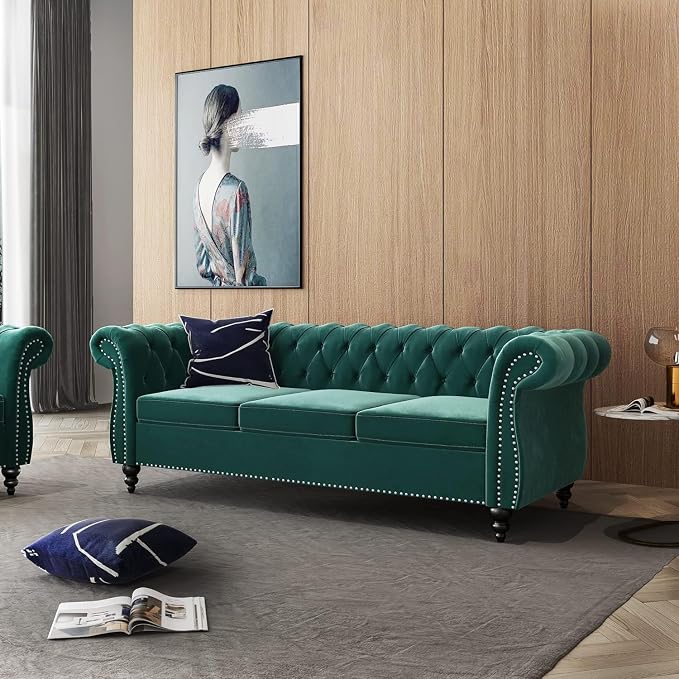 Chesterfield 3 Seater Sofa, Modern Velvet Tufted Couch 3 Seater - Image 3