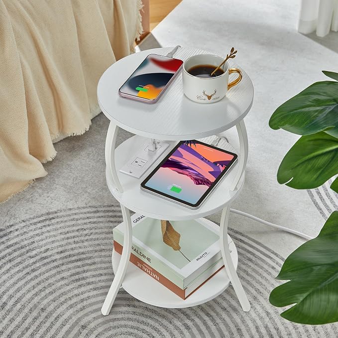 Small Round Side Table with Charging Station, 3-Tier Waist Circular End Table - Image 8