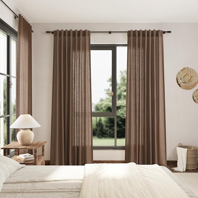 Nanspring Caramel Brown Linen Semi Sheer Curtains 72 Inches Long 2 Panels Set - Image 6