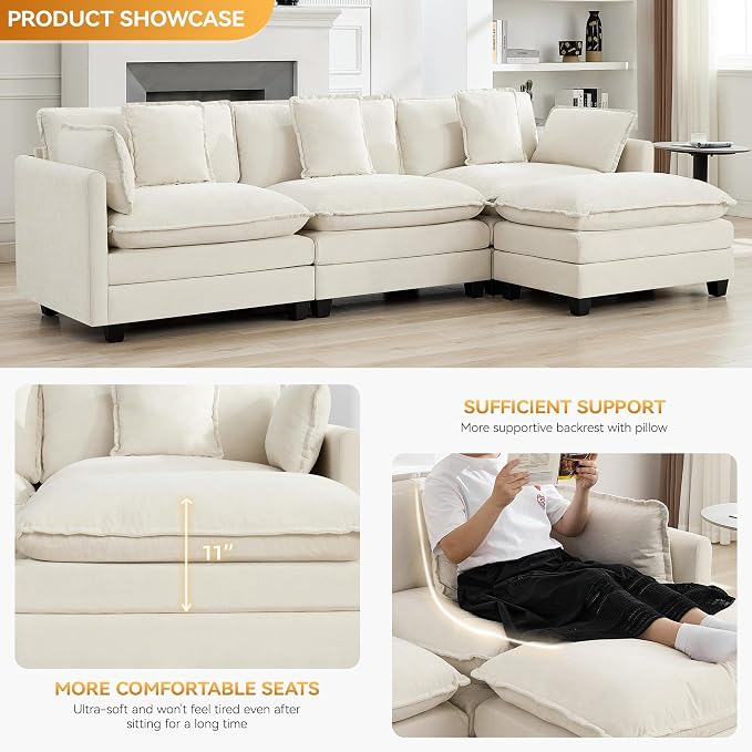 111'' Sectional Cloud Deep Seat Couch, Modern Comfy Chenille L Shaped Sectional - Image 3